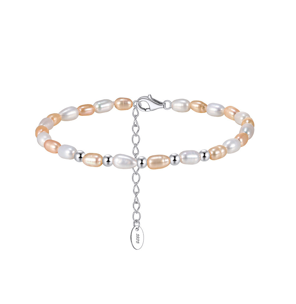S925 Sterling Silver Beaded Bracelet, Mixed White & Peach Oval Rice Freshwater Pearls with Silver Metal Spacers, Adjustable Extension Chain