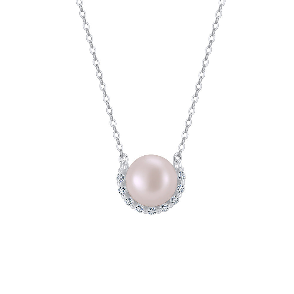 Single Large Round Lustrous Freshwater Pearl Pendant Necklace, Pale Pink Pearl with Halo Cubic Zirconia S925 Silver Cable Chain