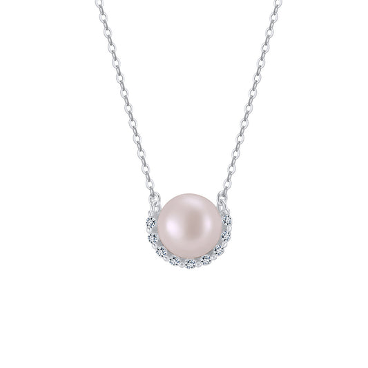 Single Large Round Lustrous Freshwater Pearl Pendant Necklace, Pale Pink Pearl with Halo Cubic Zirconia S925 Silver Cable Chain