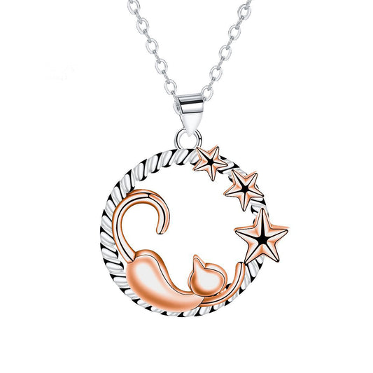 Copper With Silver/Rosgold Plated Cat Stars Pendant Necklace