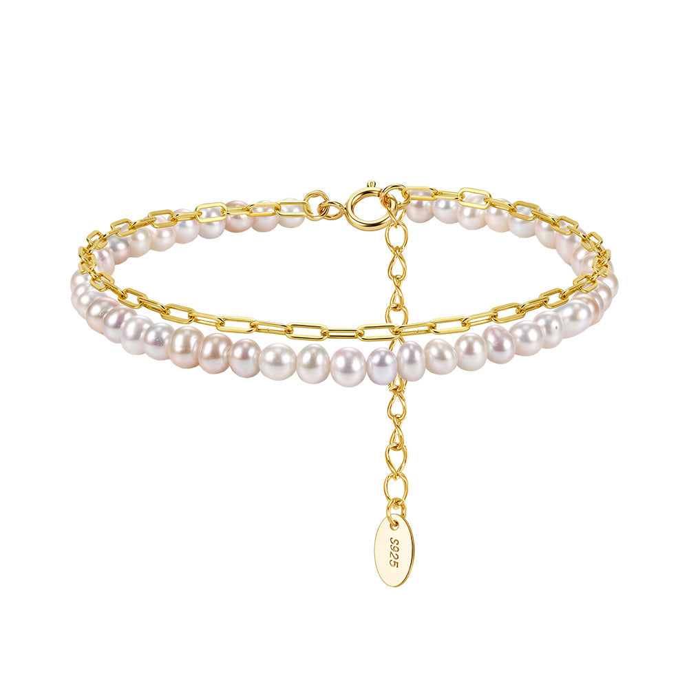 S925 Sterling Silver Double Layer Bracelet, Dainty Pastel Rice Freshwater Pearl Strand Paired with Paperclip Chain, Adjustable Extension Chain