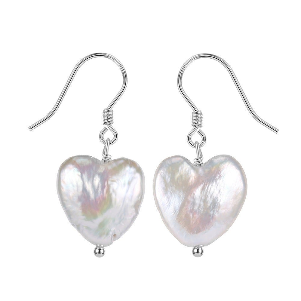 Sterling Silver Hook Heart Shaped Baroque Pearl Earrings, Unique Heart Form Iridescent Freshwater Baroque Pearl Drop Earrings