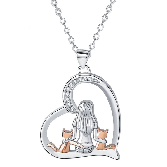 Copper With Silver/Rosegold Plated Girl and Cats Heart Pendant Necklace