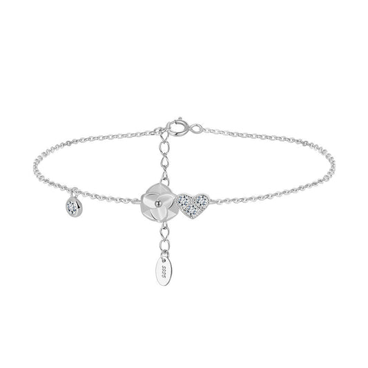 925 Sterling Silver Heart And Flower Bracelet
