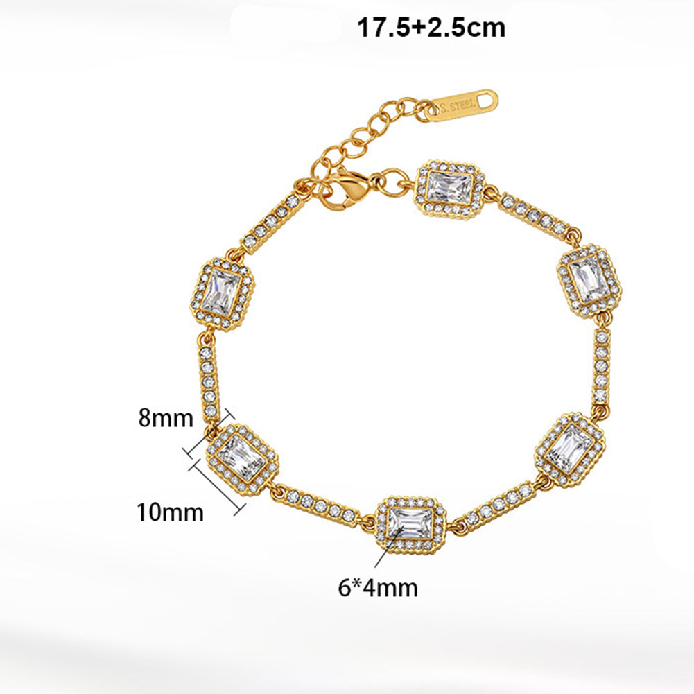 Stainless Steel Emerald Cut CZ Halo Station Bracelet, Rectangular Baguette Halo Zirconia Chain Bracelet