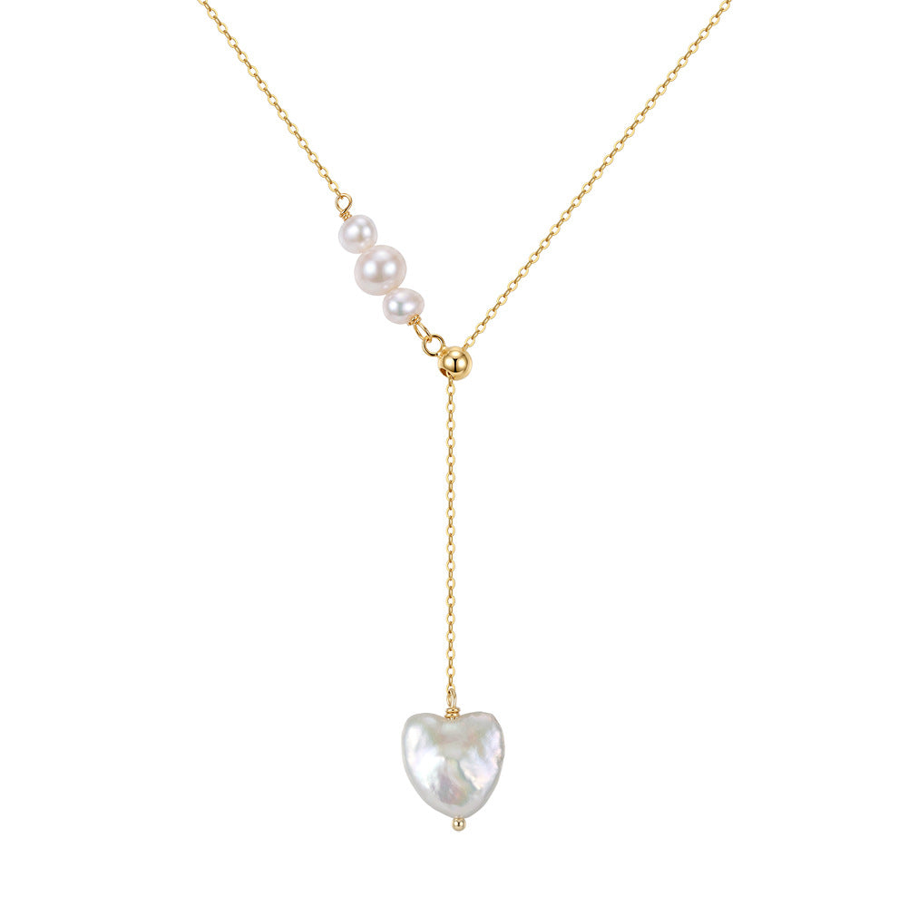 GPN116Adjustable Lariat Baroque Heart Freshwater Pearl Y Necklace, Iridescent Heart-shaped Pearl Pendant S925 Silver Chain