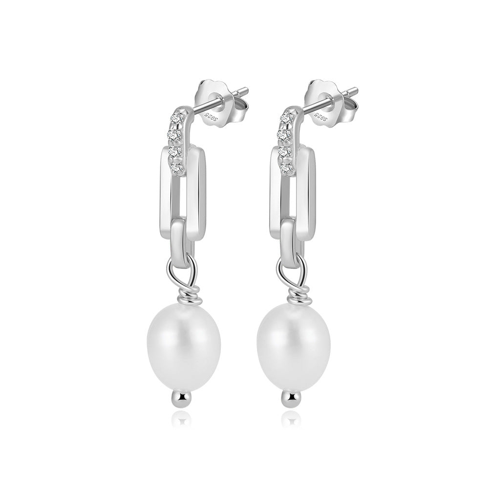 S925 Sterling Silver Paperclip Link CZ Accent Teardrop Freshwater Pearl Dangle Earrings, Geometric Chain Oval Lustrous Pearl Drop Earrings