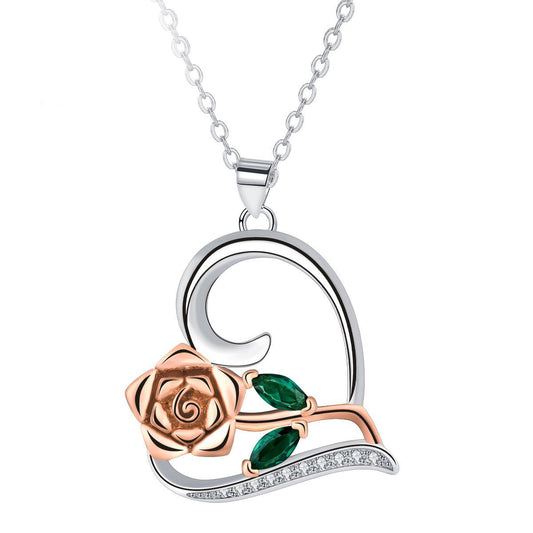Copper With Silver/Rosgold Plated Heart Rose Pendant Necklace