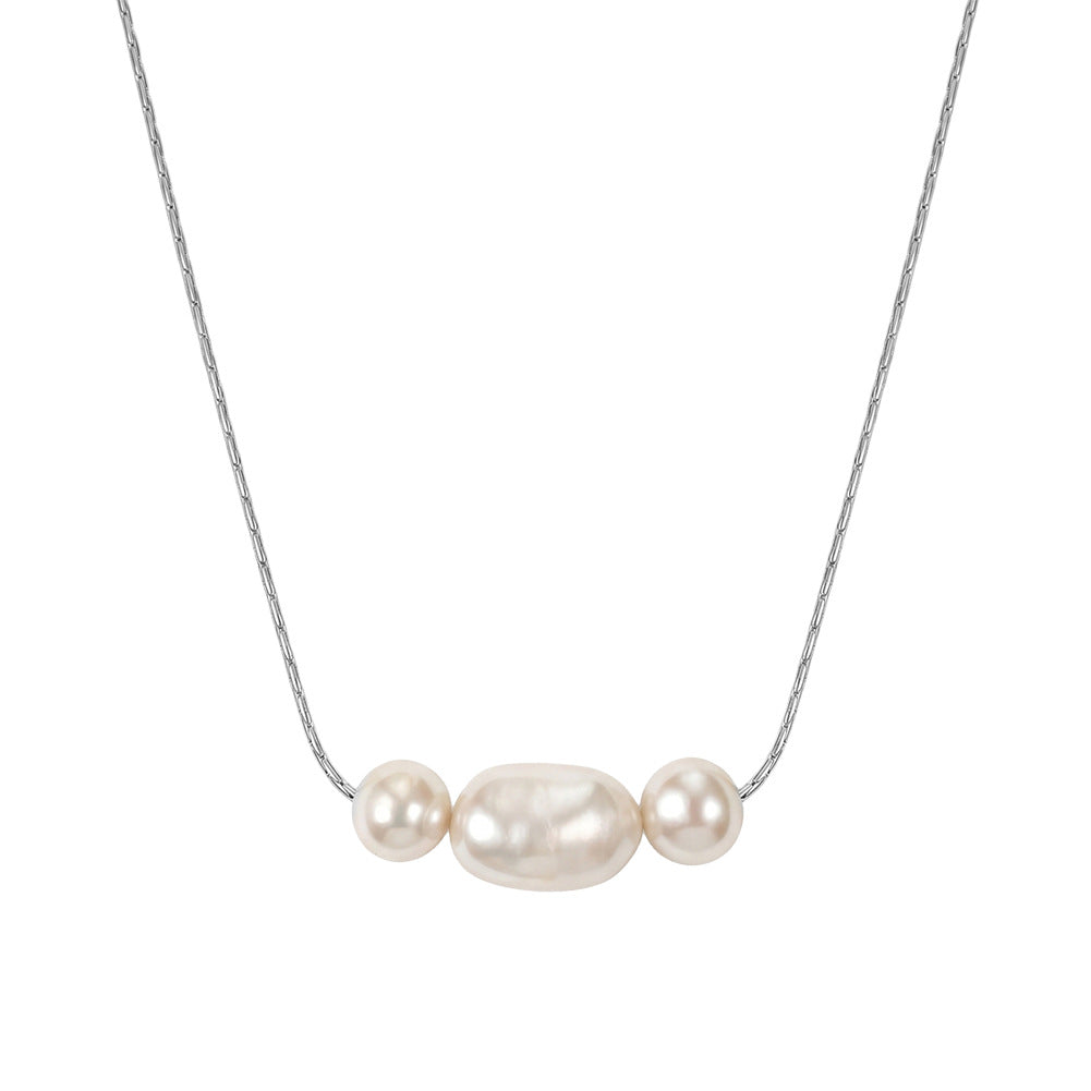 Three Bead Glossy Rice Freshwater Pearl Necklace, Central Large Oval Pearl with Round Side Pearls Gold Paperclip Chain