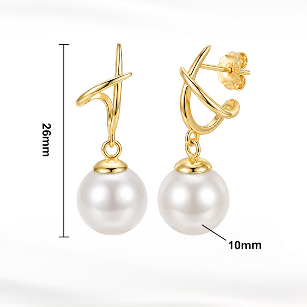 S925 Sterling Silver Twisted Cross Hook Pearl Drop Earrings, Smooth Round Pearl with Soft Creamy Luster