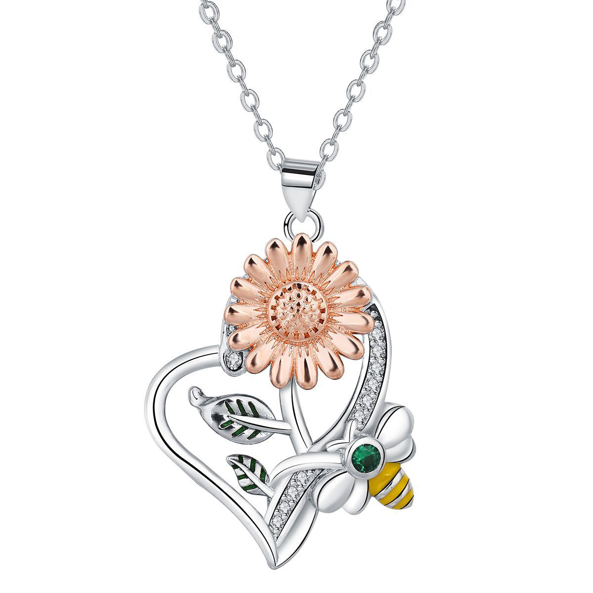 Copper With Silver/Rosegold Plated Sunflower and Bee Pendant Necklace for Women