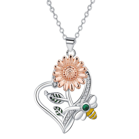 Copper With Silver/Rosegold Plated Sunflower and Bee Pendant Necklace for Women