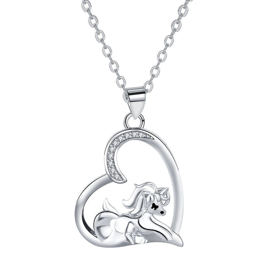 Copper With Silver Plated Heart Unicorn Pendant Necklace for Women