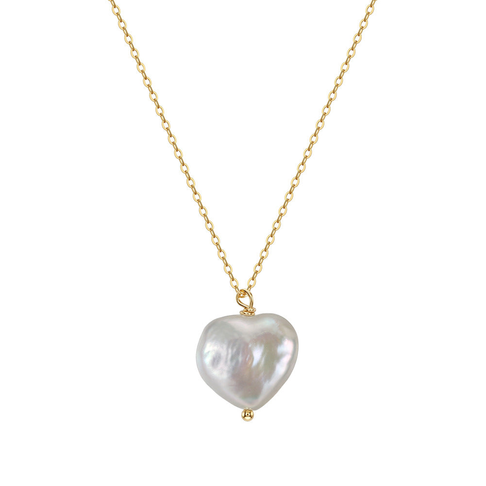 Single Large Iridescent Heart Baroque Freshwater Pearl Pendant Necklace, Lustrous Heart Pearl on Delicate S925 Silver Cable Chain