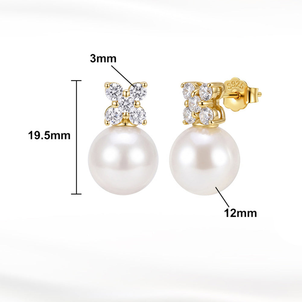 S925 Sterling Silver Four CZ Flower Pearl Stud Earrings, Large Round Pearl with Bright Glossy Iridescent Luster