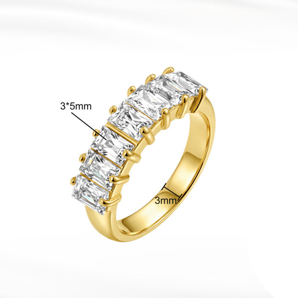 Stainless Steel Rectangle Emerald Cut CZ Five Stone Eternity Band Ring