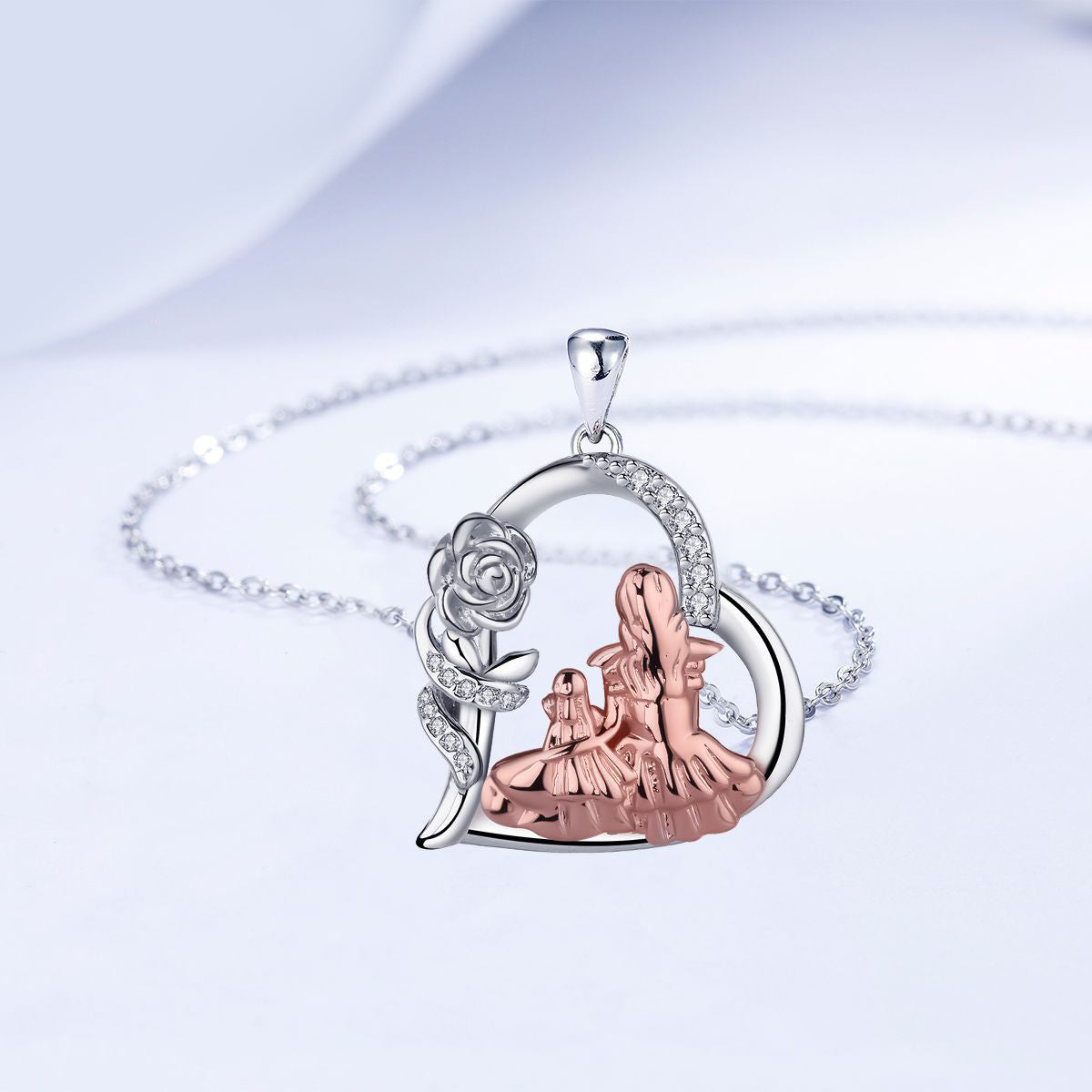 Copper With Silver/Rosegold Plated Heart Flower Pendant Necklace for Women