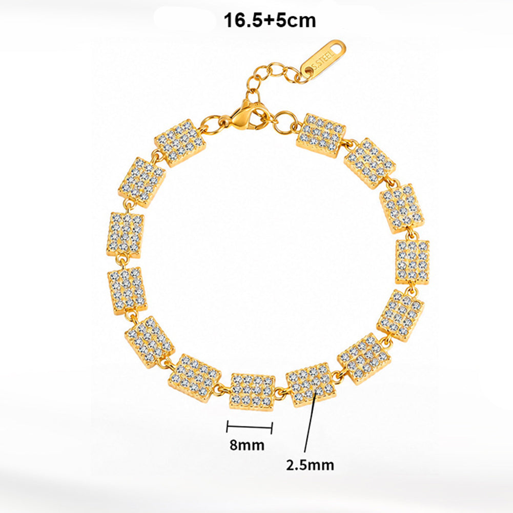 Stainless Steel Pave Square CZ Link Bracelet, Fully Paved Square Clear Cubic Zirconia Adjustable Bracelet