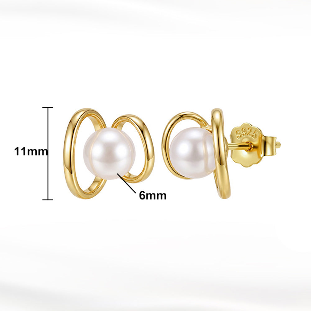 S925 Sterling Silver Double Ring Pearl Stud Earrings, Single Round Pearl with Glossy Even Luster Wrapped by Interlocking Polished Silver Rings