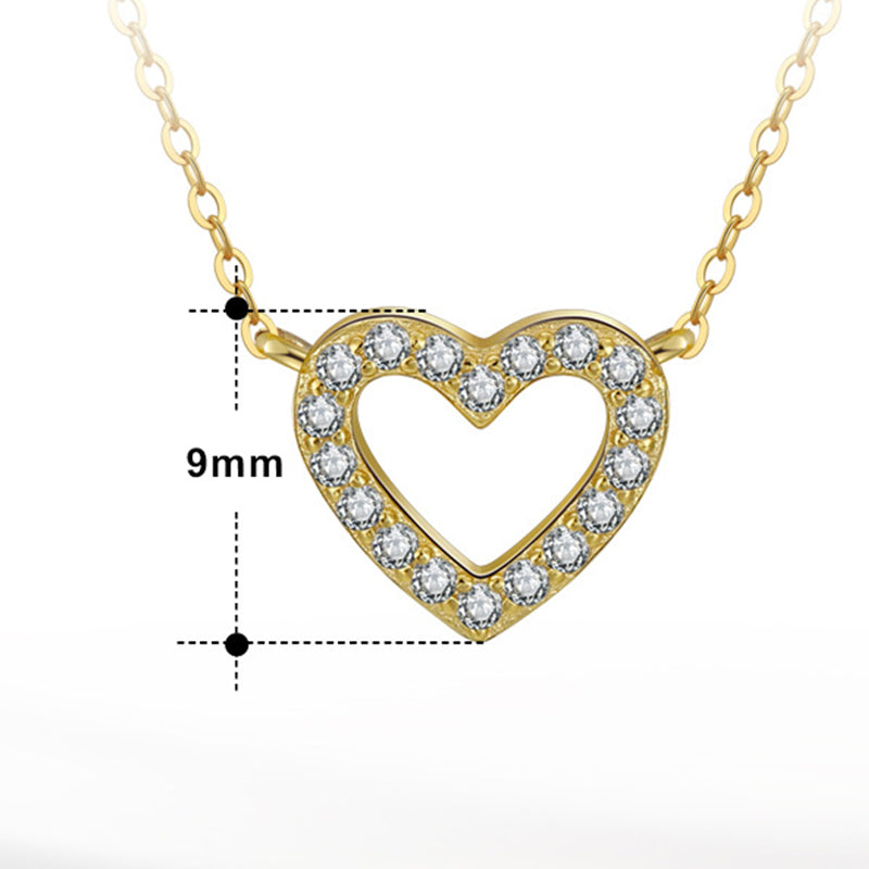 Gold Stainless Steel Open Hollow Heart CZ Necklace, Pave Clear Cubic Zirconia Outline Heart Pendant on Dainty Cable Chain