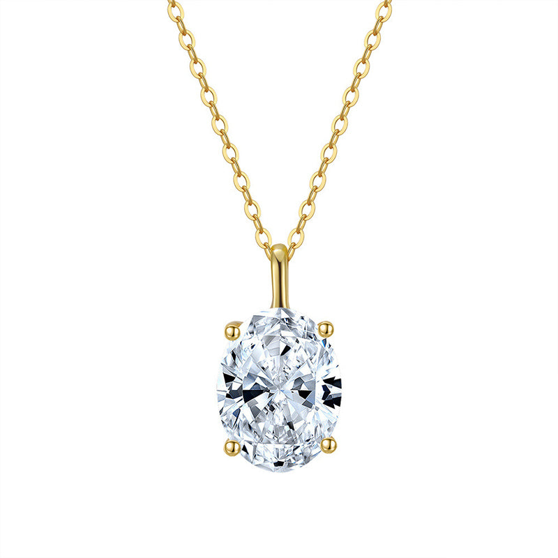 Gold Stainless Steel Oval Cut CZ Solitaire Pendant Necklace, Brilliant Oval Clear Cubic Zirconia 4-Prong Setting Thin Chain