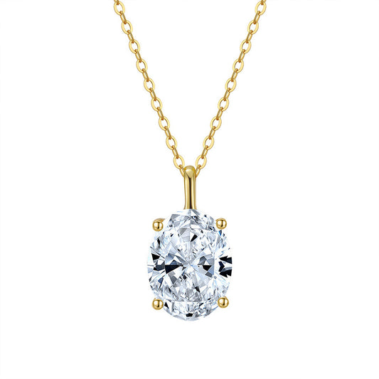 Gold Stainless Steel Oval Cut CZ Solitaire Pendant Necklace, Brilliant Oval Clear Cubic Zirconia 4-Prong Setting Thin Chain