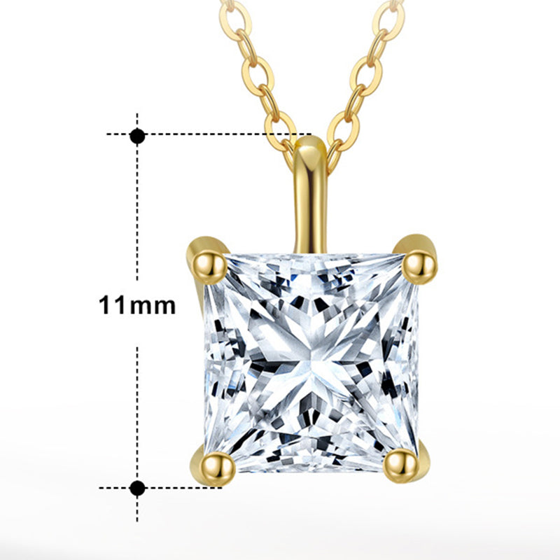 Gold Stainless Steel Princess Square Cut CZ Pendant Necklace, Square Clear Cubic Zirconia 4-Prong Solitaire Pendant Necklace
