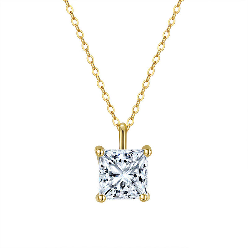 Gold Stainless Steel Princess Square Cut CZ Pendant Necklace, Square Clear Cubic Zirconia 4-Prong Solitaire Pendant Necklace