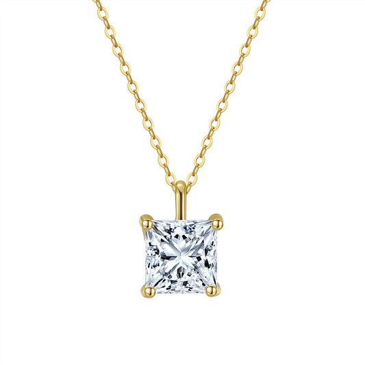 Gold Stainless Steel Princess Square Cut CZ Pendant Necklace, Square Clear Cubic Zirconia 4-Prong Solitaire Pendant Necklace