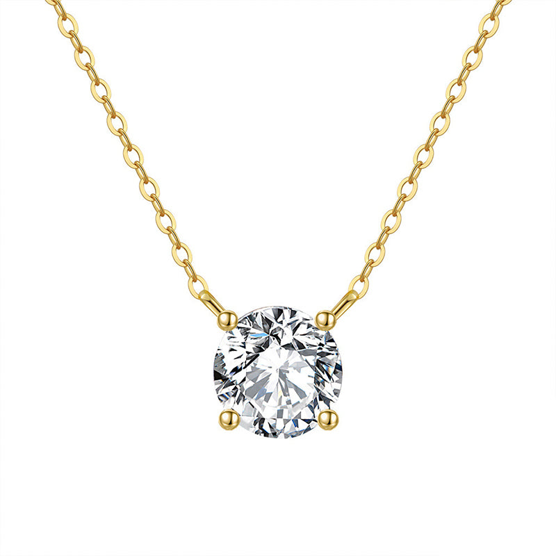Gold Stainless Steel Round CZ Solitaire Necklace, 4-Prong Set Clear Round Cubic Zirconia Dainty Cable Chain Pendant Necklace