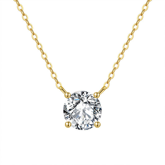 Gold Stainless Steel Round CZ Solitaire Necklace, 4-Prong Set Clear Round Cubic Zirconia Dainty Cable Chain Pendant Necklace