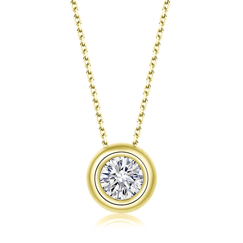 Gold Stainless Steel Bezel Set Round CZ Pendant Necklace, Single Clear Round Cubic Zirconia Circular Frame Thin Cable Chain