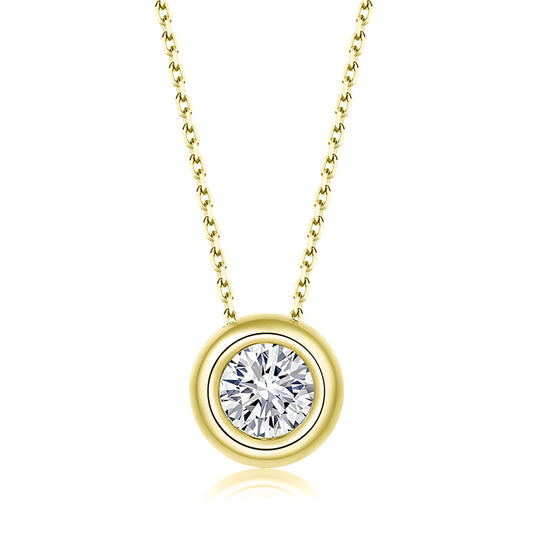 Gold Stainless Steel Bezel Set Round CZ Pendant Necklace, Single Clear Round Cubic Zirconia Circular Frame Thin Cable Chain