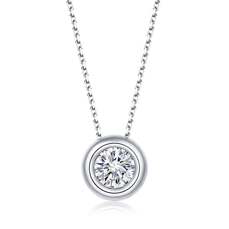 Gold Stainless Steel Bezel Set Round CZ Pendant Necklace, Single Clear Round Cubic Zirconia Circular Frame Thin Cable Chain