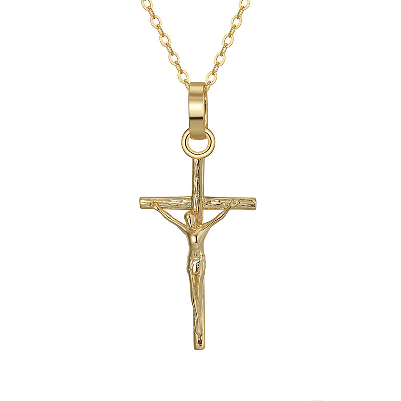 Gold Stainless Steel Textured Crucifix Pendant Necklace, 3D Jesus on Cross Cable Chain