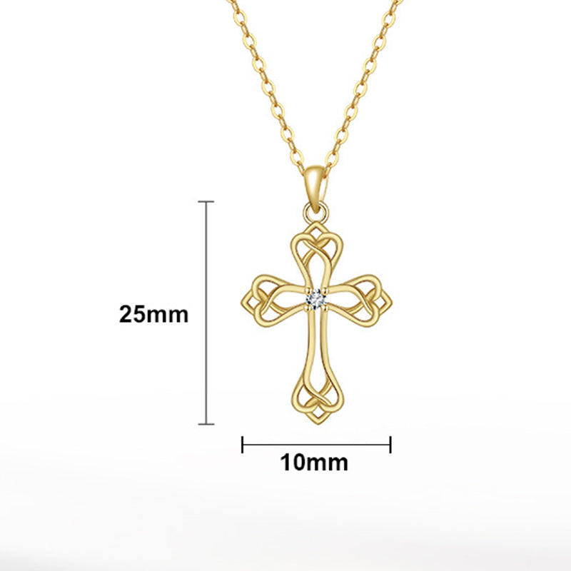 Gold Stainless Steel Celtic Knot Cross Necklace, Hollow Interwoven Cross with Center CZ Pendant