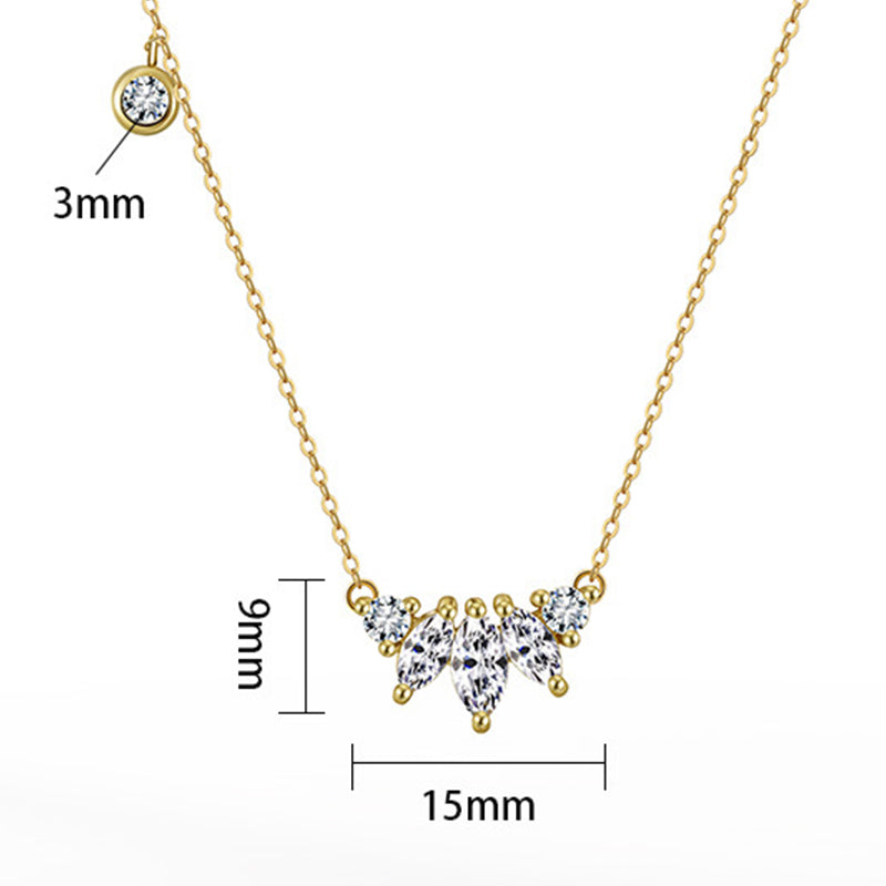 Silver Stainless Steel Marquise CZ Cluster Necklace, Leaf Shape Clear Cubic Zirconia Pendant with Single Side Tiny CZ Accent