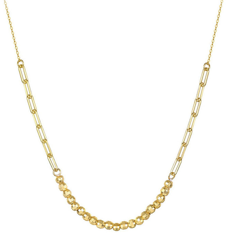 Gold Stainless Steel Mixed Link Faceted Bead Necklace, Paperclip Chain & Sparkling Cut Round Beads Choker