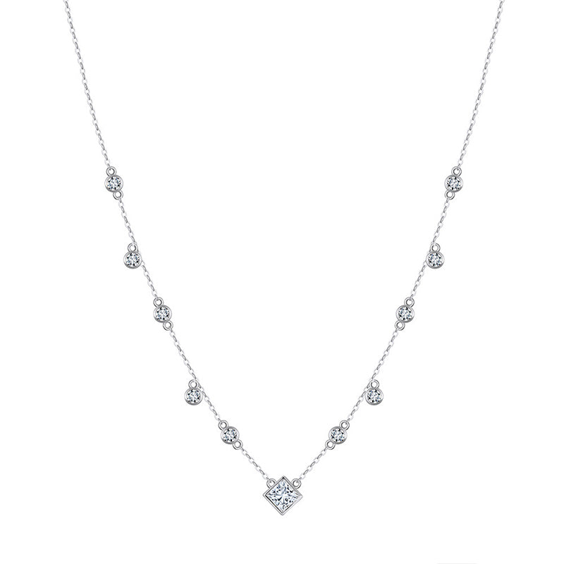 Gold Stainless Steel Multi CZ Station Necklace, Square & Round Bezel Cubic Zirconia Dangling Chain