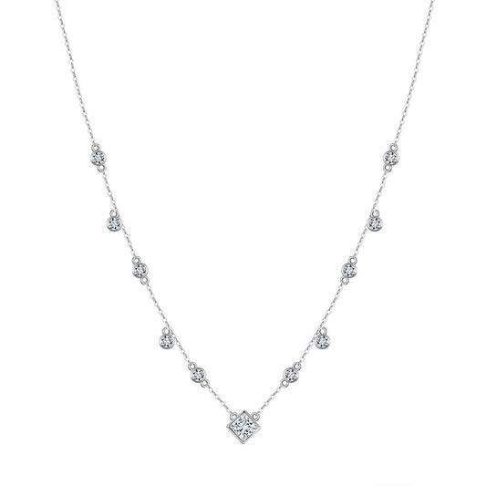 Gold Stainless Steel Multi CZ Station Necklace, Square & Round Bezel Cubic Zirconia Dangling Chain