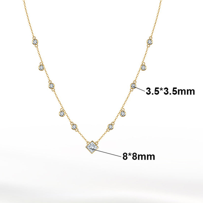 Gold Stainless Steel Multi CZ Station Necklace, Square & Round Bezel Cubic Zirconia Dangling Chain