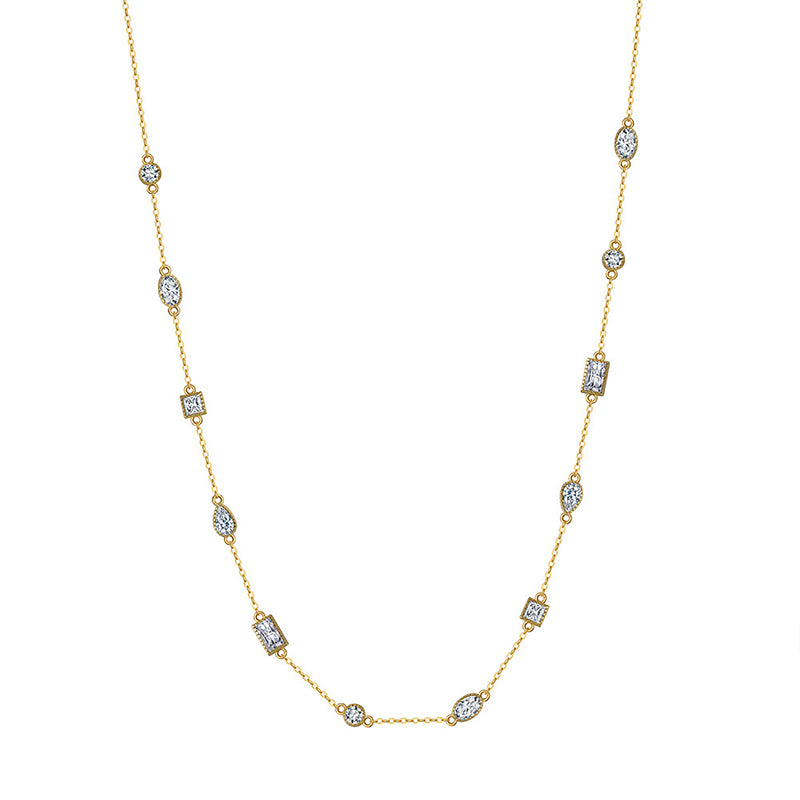 Gold Stainless Steel Multi Shape CZ Station Necklace, Oval Square Pear Round Mixed Cut Clear Zirconia Thin Chain