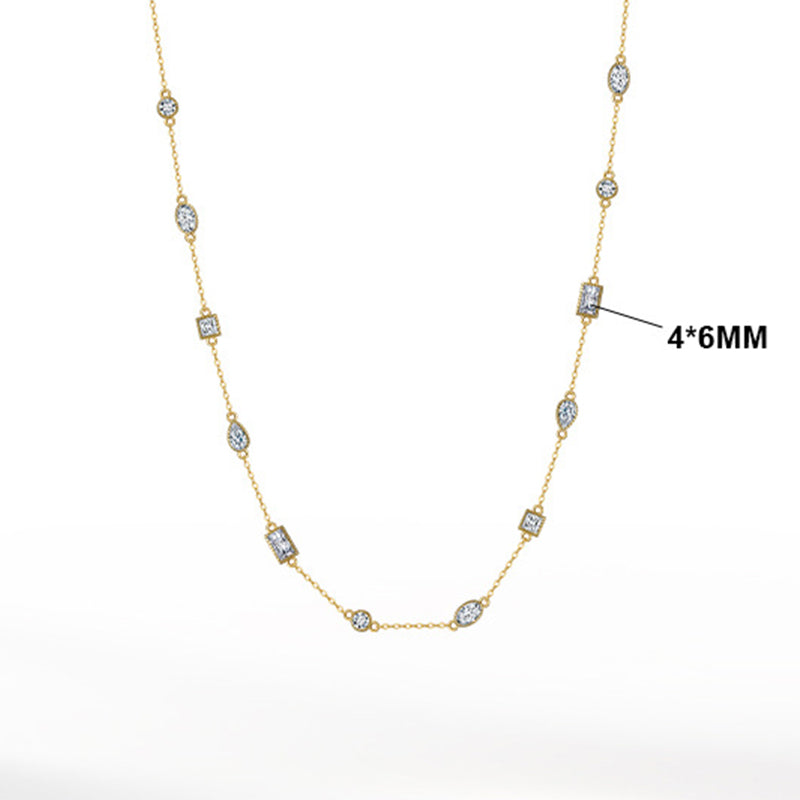 Gold Stainless Steel Multi Shape CZ Station Necklace, Oval Square Pear Round Mixed Cut Clear Zirconia Thin Chain