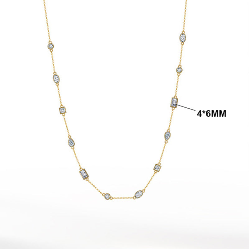 Gold Stainless Steel Multi Shape CZ Station Necklace, Marquise, Round & Baguette Cubic Zirconia Bezel Set Thin Cable Chain