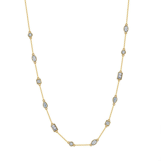 Gold Stainless Steel Multi Shape CZ Station Necklace, Marquise, Round & Baguette Cubic Zirconia Bezel Set Thin Cable Chain