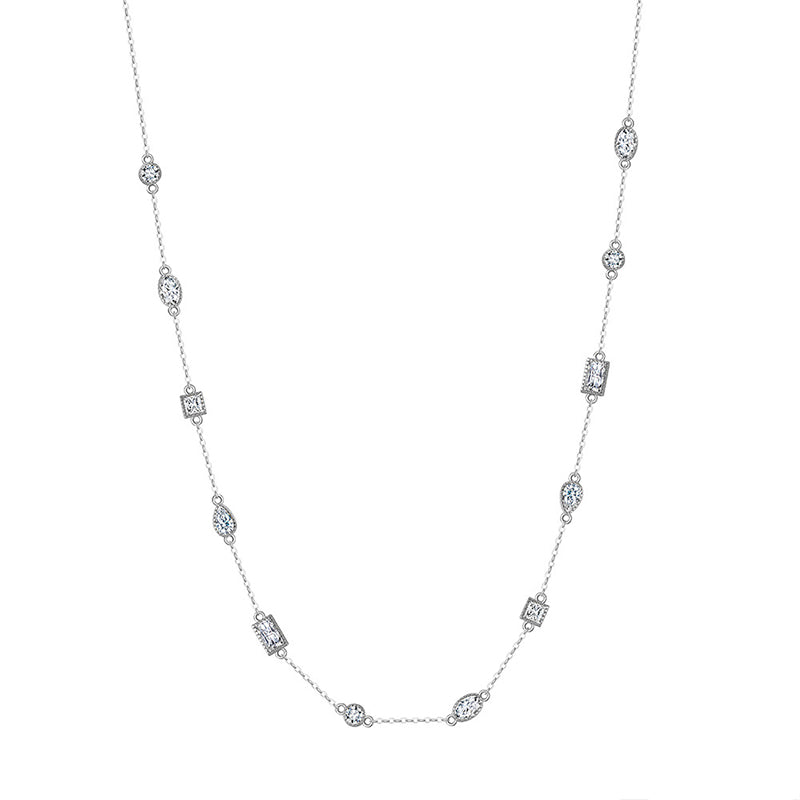 Gold Stainless Steel Multi Shape CZ Station Necklace, Marquise, Round & Baguette Cubic Zirconia Bezel Set Thin Cable Chain