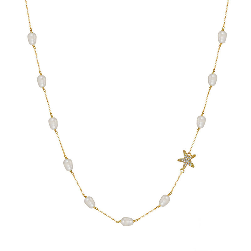 Gold Stainless Steel Baroque Pearl Station Necklace, Pave CZ Starfish Charm Freshwater Pearl Beaded Chain