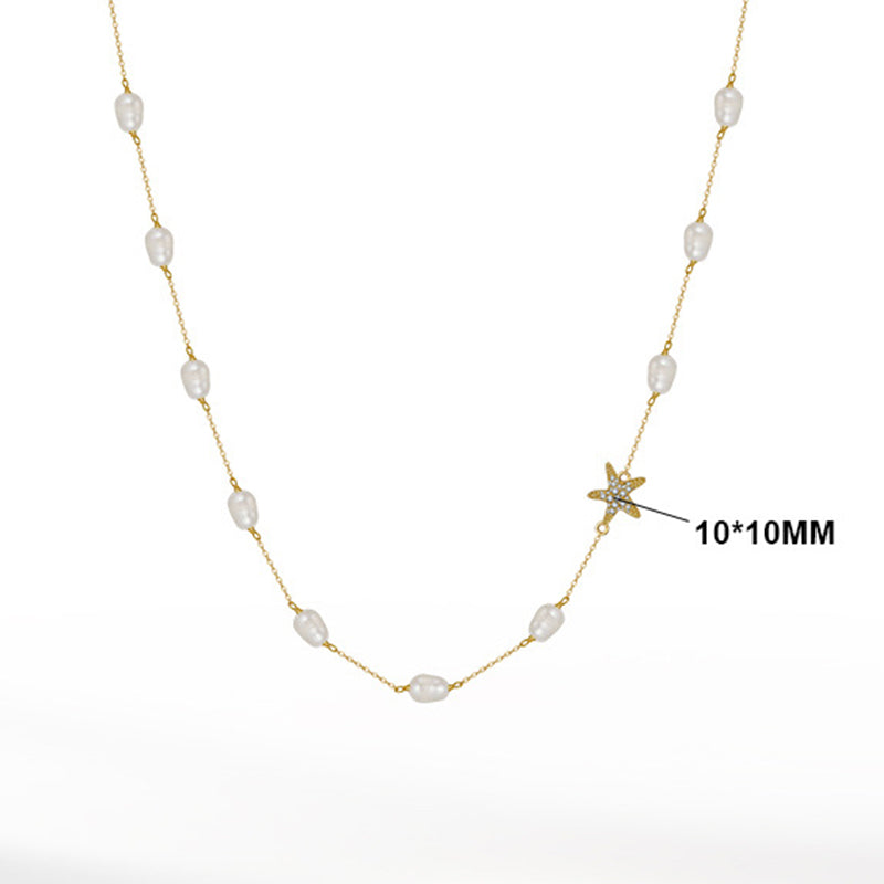 Gold Stainless Steel Baroque Pearl Station Necklace, Pave CZ Starfish Charm Freshwater Pearl Beaded Chain