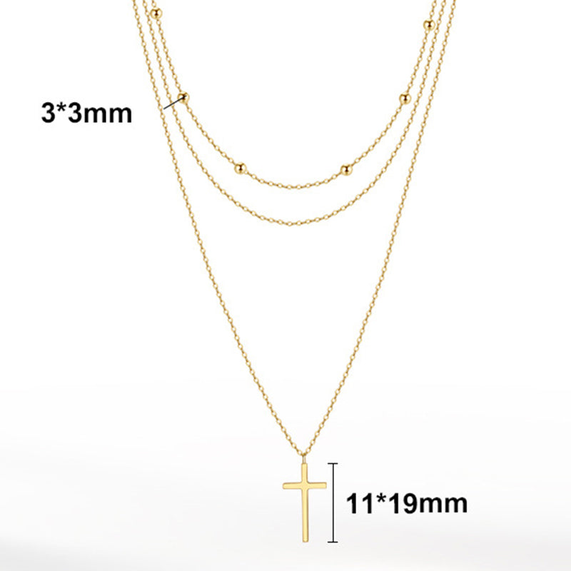 Silver Stainless Steel Triple Layered Beaded Cross Necklace, Multi Strand Chain with Round Ball Beads & Plain Cross Pendant