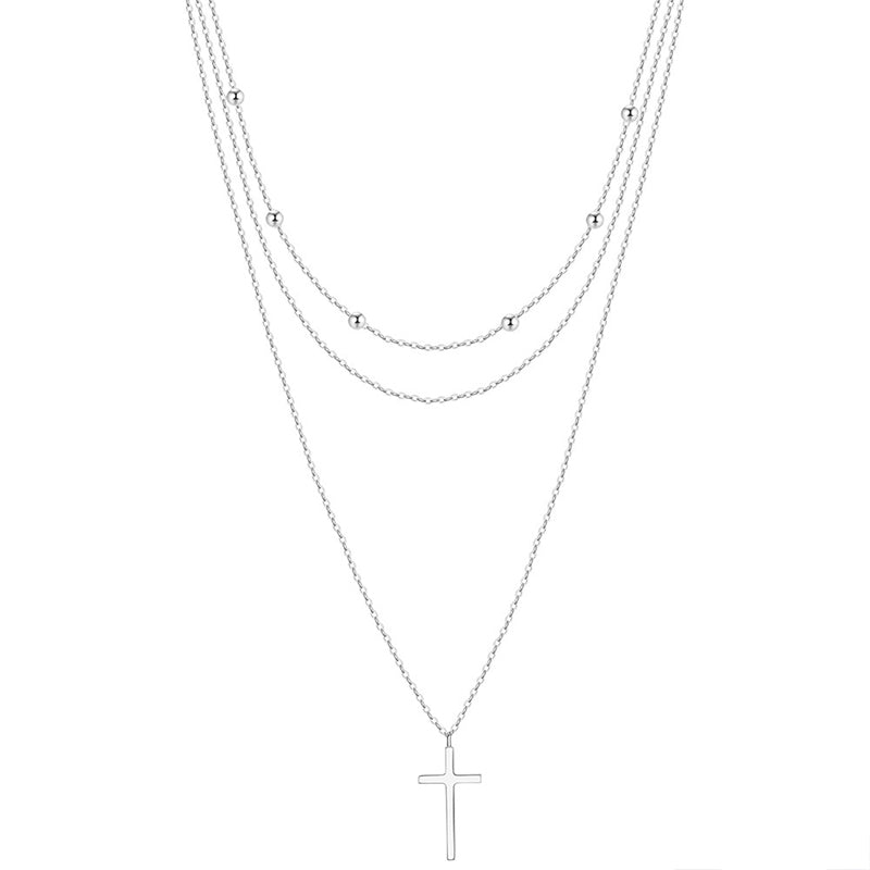 Silver Stainless Steel Triple Layered Beaded Cross Necklace, Multi Strand Chain with Round Ball Beads & Plain Cross Pendant